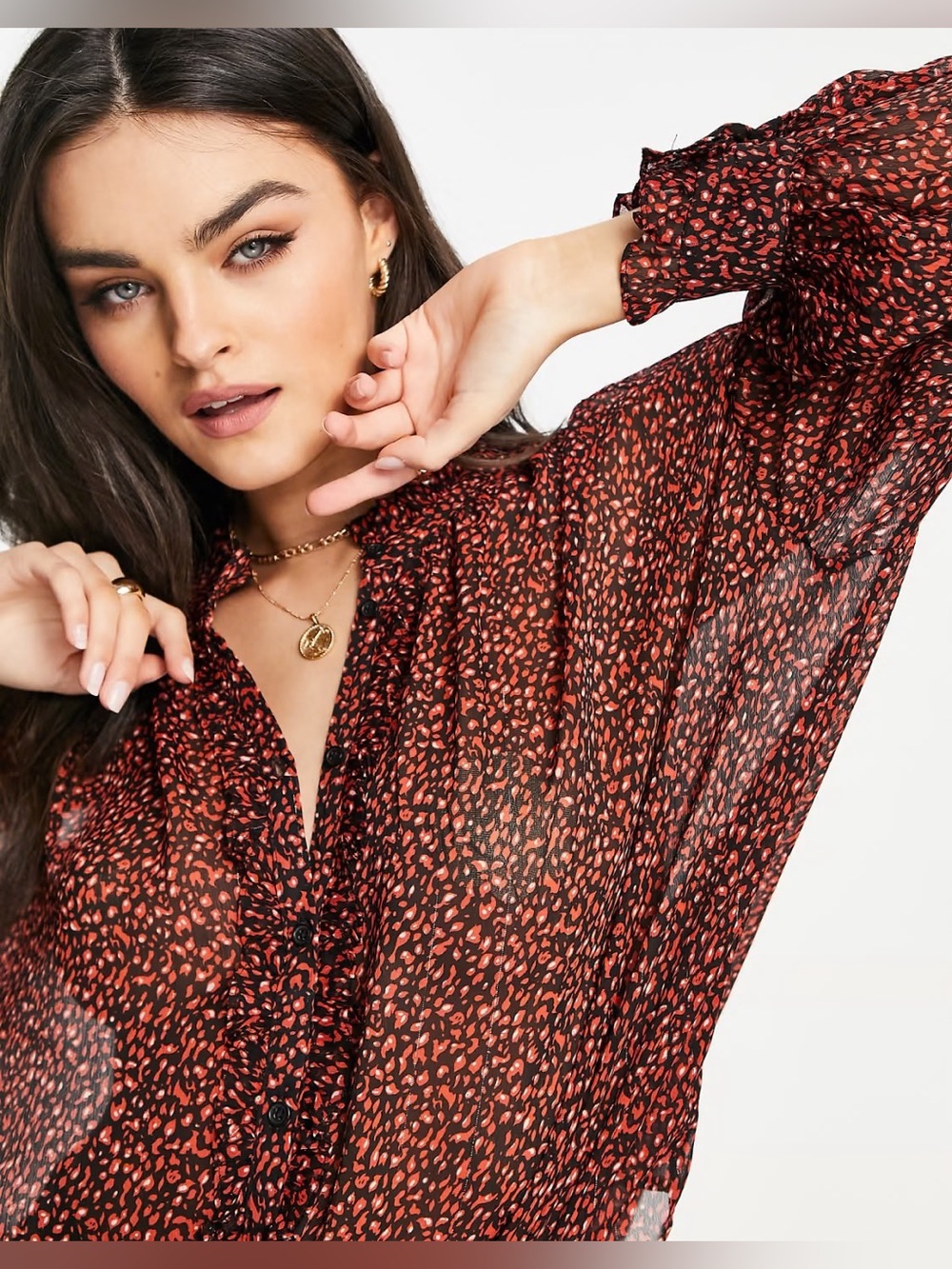 Mango Sheer Printed Ruffle Blouse Red Black Romantic Boho Women Size S
